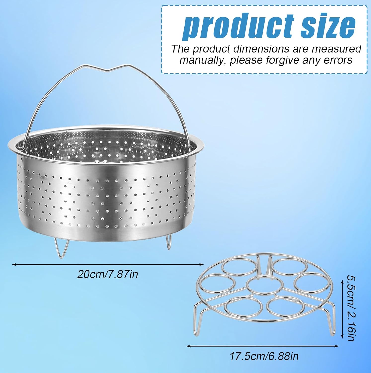 HOMURY Lot de 2 inserts de cuiseur vapeur en acier inoxydable Ø 20 cm, grille vapeur à œufs Ø 17,5 cm, panier vapeur avec poignée, pour casseroles, casseroles, autocuiseurs