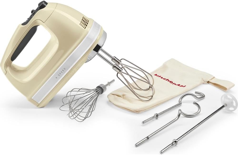 Batteur électrique 9 vitesses - Soft Start et écran LED - Mixeur cuisine avec fouets, fouet ballon, crochets pétrisseurs et pied mixeur - Moteur silencieux - 85 W - Cème Crème