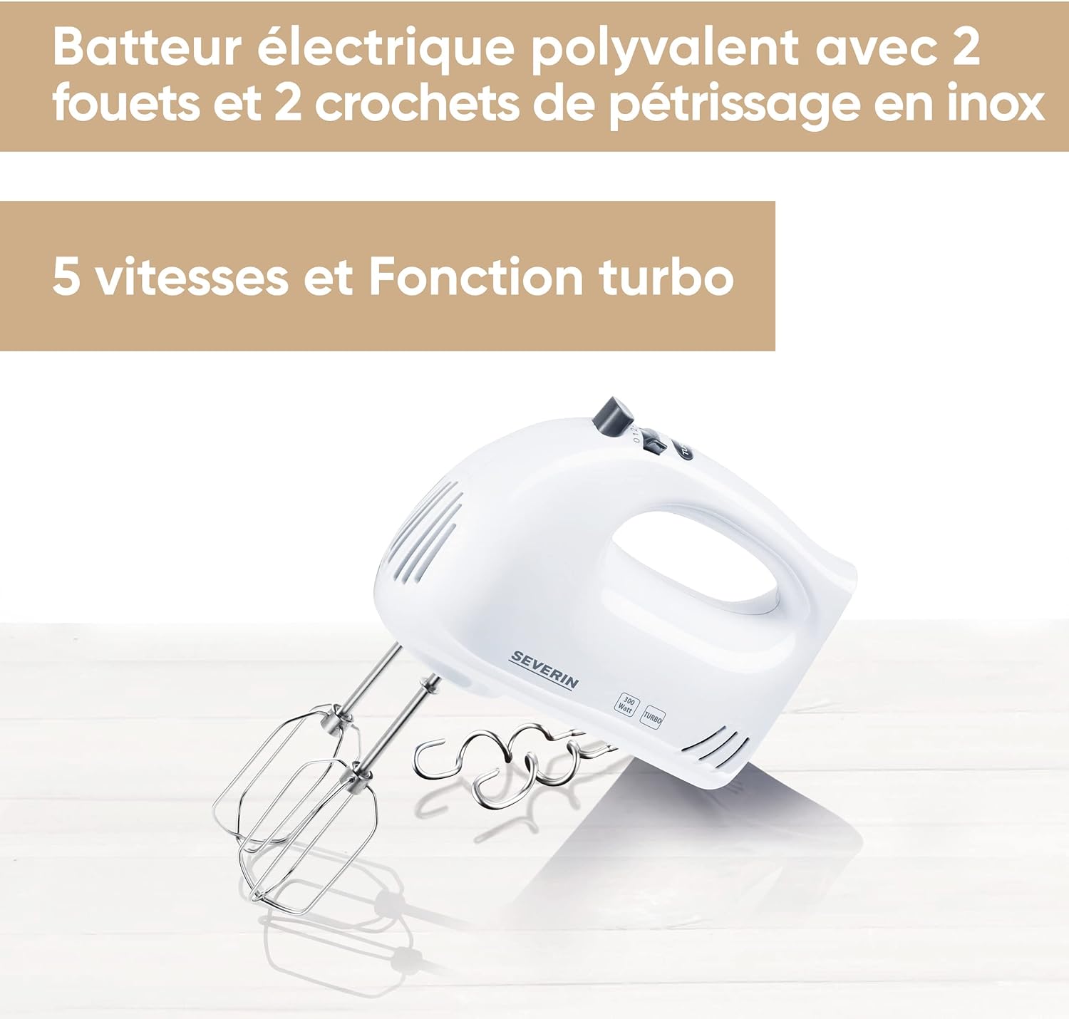 Batteur électrique 300 W, Fouet électrique avec 5 vitesses et fonction turbo, Batteur mixeur livré avec 2 fouets et 2 crochets de pétrissage en inox, HM 3820, Blanc Batteur à main, blanc