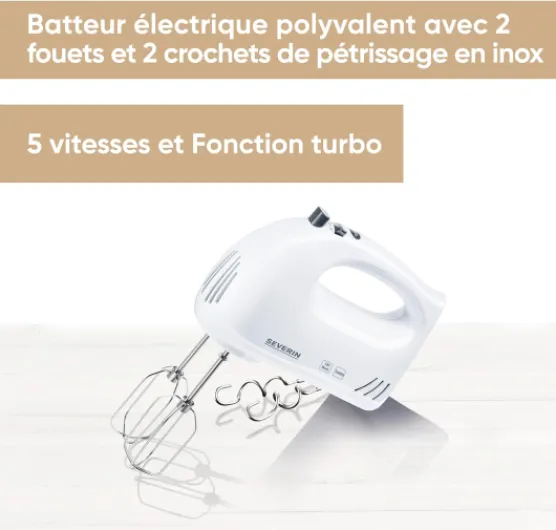 Batteur électrique 300 W, Fouet électrique avec 5 vitesses et fonction turbo, Batteur mixeur livré avec 2 fouets et 2 crochets de pétrissage en inox, HM 3820, Blanc Batteur à main, blanc