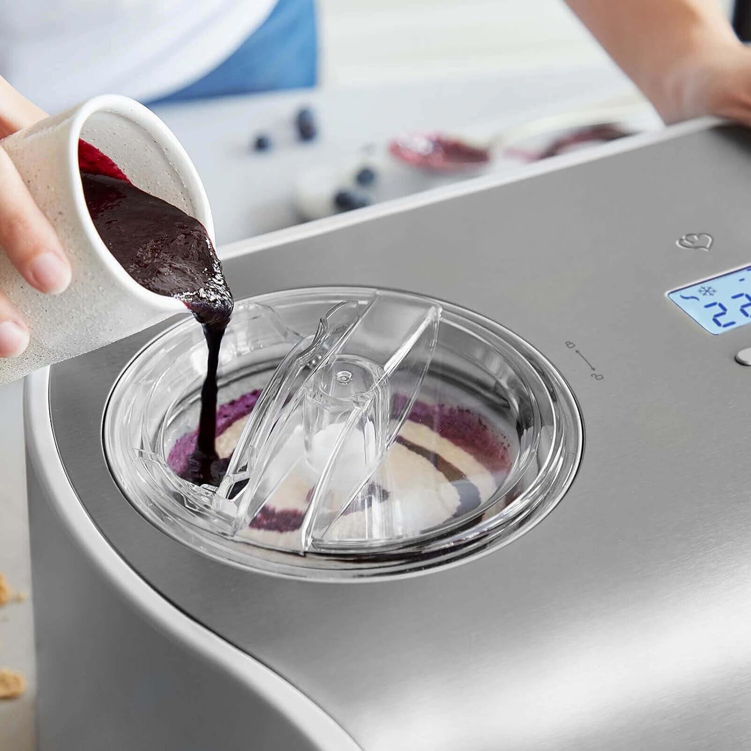 SPRINGLANE Sorbetière Elli 1,2 L avec compresseur auto-refroidissant 135 W, sorbetière en acier inoxydable avec bac à glace amovible (Argent, Machine) Argent Machine