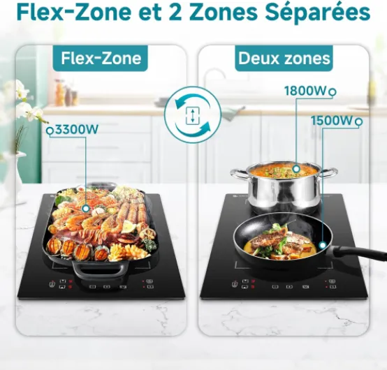 Plaque à induction avec zones flexibles, plaque de cuisson 2 feux,9 niveaux de puissance, chauffage intermittent, panneau au design tendance, sécurité enfant et minuterie, 3300W,Noir