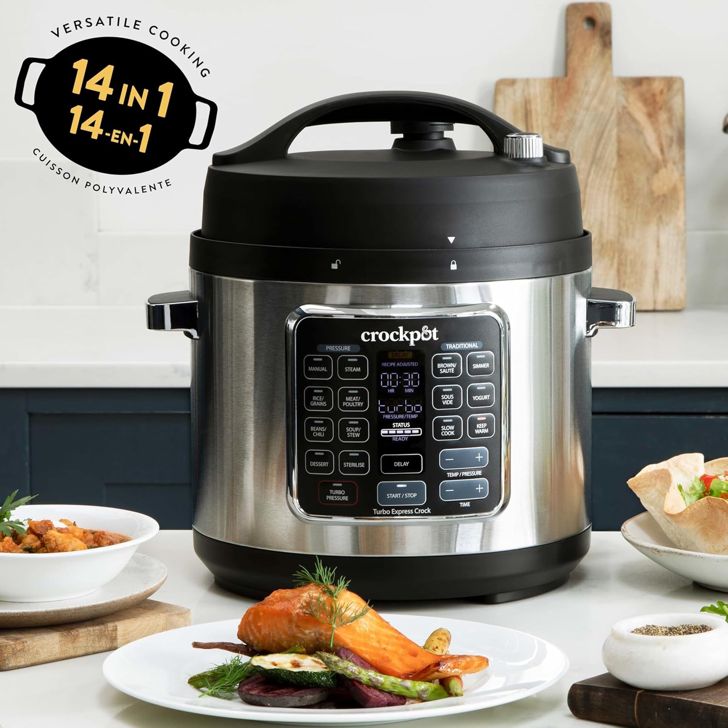 Crock-Pot Turbo Express multicuiseur sous pression - 14 options de cuisson en 1 - Mijotage, cuisson vapeur, cuisson sous pression et plus - 5,6 L (6 personnes et plus) - CSC062X 14-in-1 functions