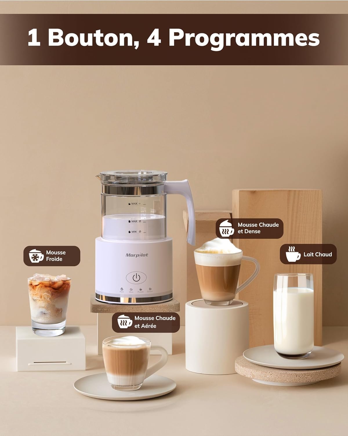 Mousseur à Lait Électrique 4 en 1, 500ml 600W Emulsionneur de Lait en Verre à Mousse de Lait Chaude et Froide, Milk Frother pour Cappuccino Latte Macchiato Blanc 500ml