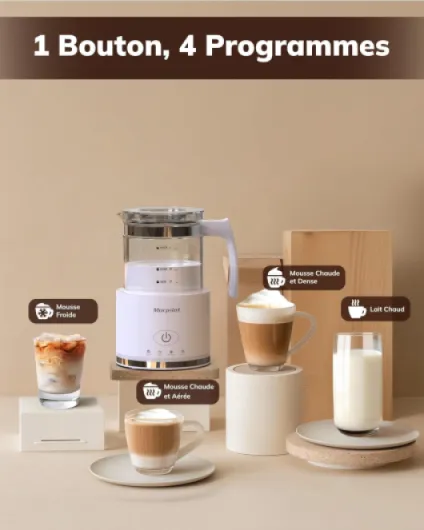 Mousseur à Lait Électrique 4 en 1, 500ml 600W Emulsionneur de Lait en Verre à Mousse de Lait Chaude et Froide, Milk Frother pour Cappuccino Latte Macchiato Blanc 500ml