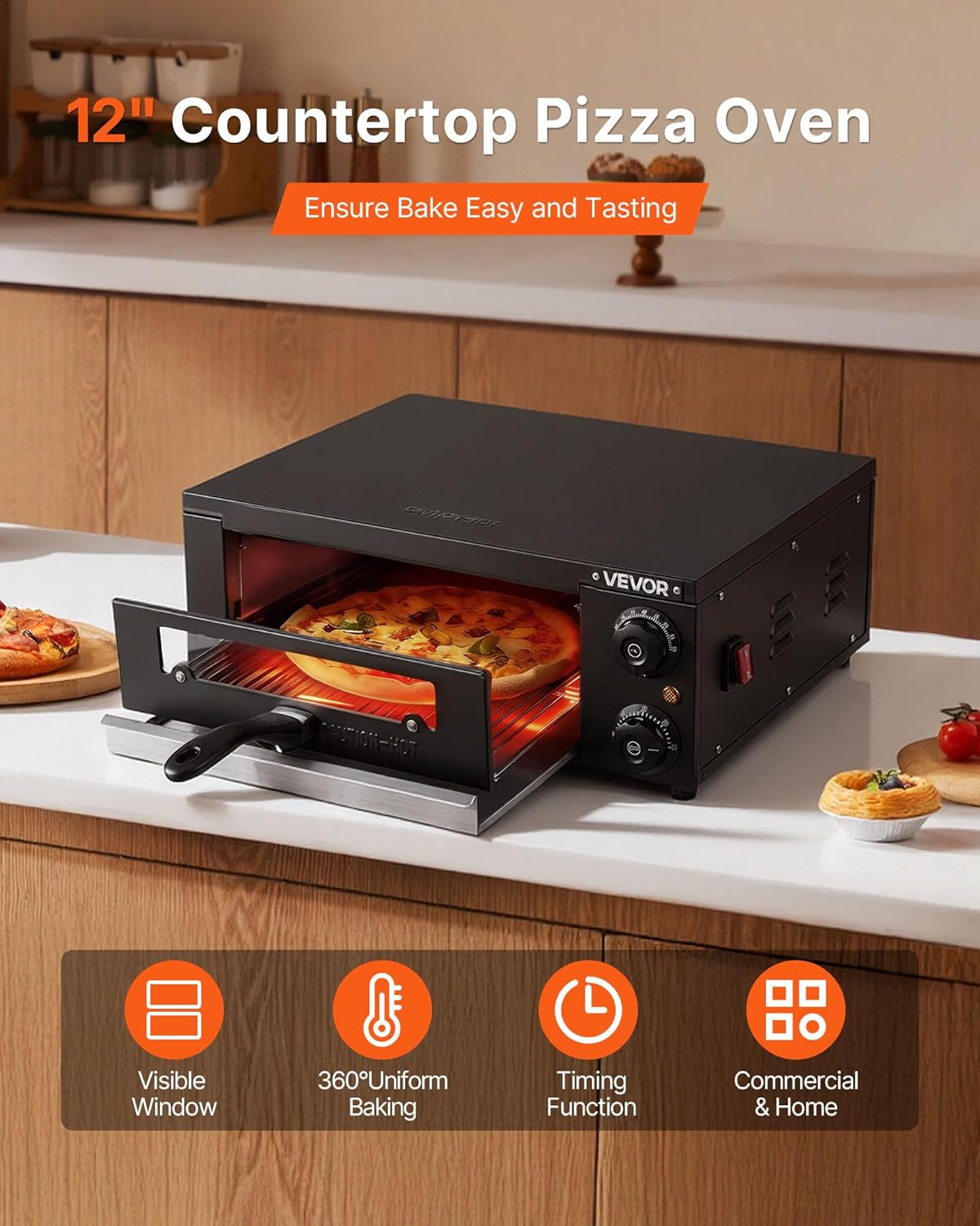 Four à Pizza Électrique de Comptoir 30,5 cm 1450 W, Machine à Pizza Intérieur Température Réglable 25-300 °C, avec Minuterie et Double Tube Chauffant et Grille, pour Cuisine Maison, Noir