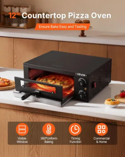 Four à Pizza Électrique de Comptoir 30,5 cm 1450 W, Machine à Pizza Intérieur Température Réglable 25-300 °C, avec Minuterie et Double Tube Chauffant et Grille, pour Cuisine Maison, Noir