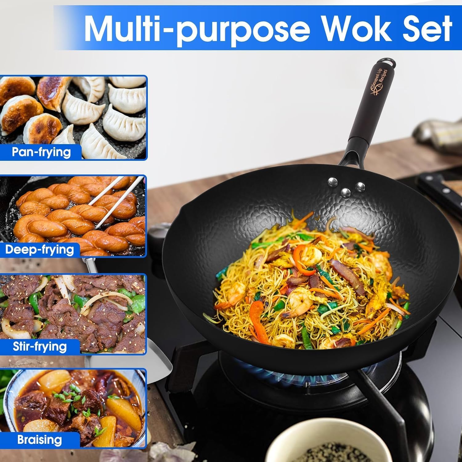 Souped Up Recipes Wok en acier au carbone pour cuisinières électriques, à induction et à gaz (couvercle, spatule et guide d'utilisation vidéo (français non garanti) inclus) Wok Set with Wooden Lid
