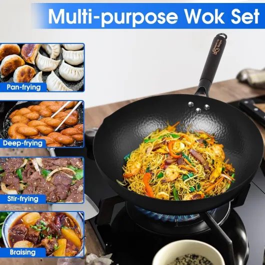 Souped Up Recipes Wok en acier au carbone pour cuisinières électriques, à induction et à gaz (couvercle, spatule et guide d'utilisation vidéo (français non garanti) inclus) Wok Set with Wooden Lid