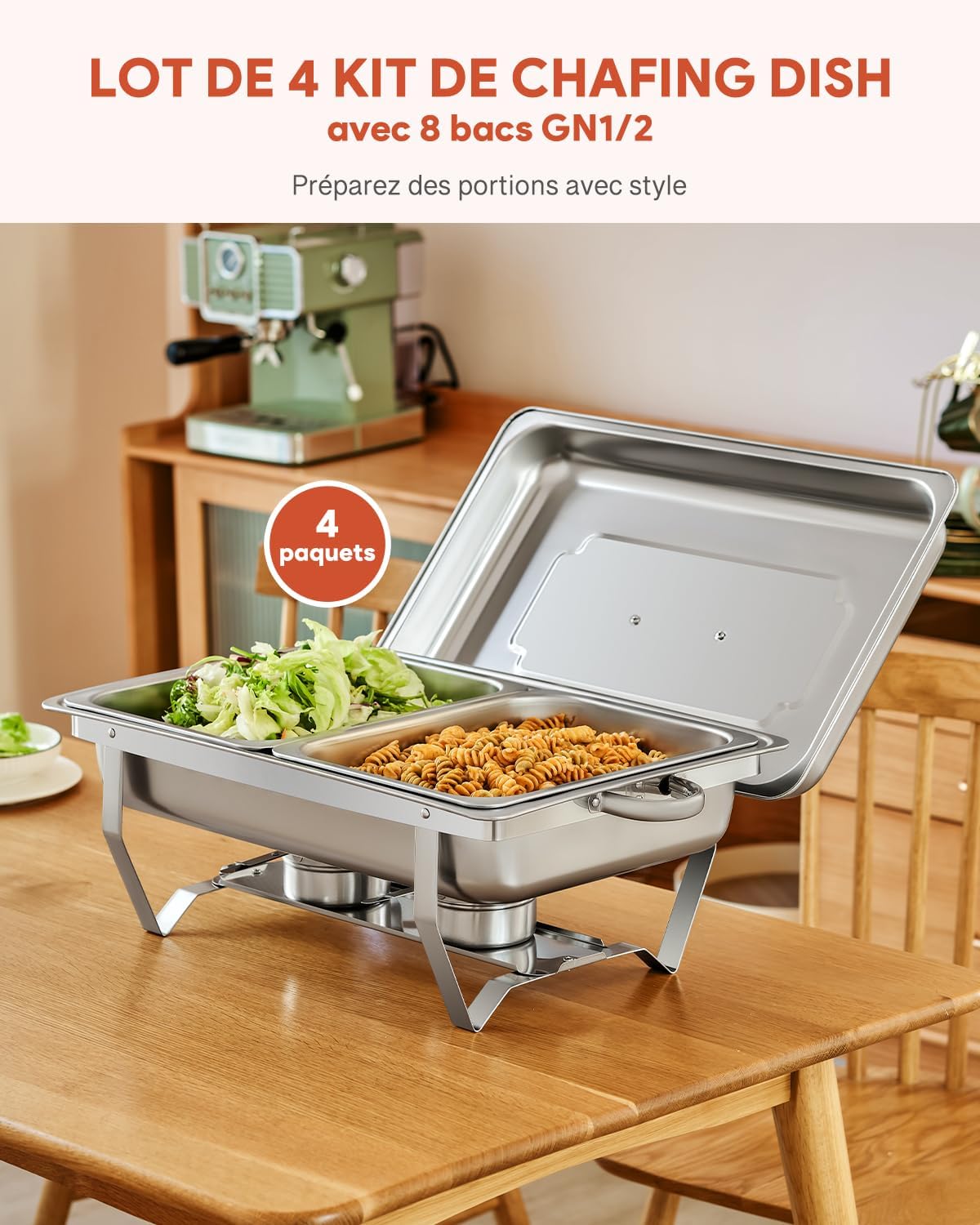 WILPREP Lot de 4 Chafing Dish Buffet 9L, Buffet Chauffant Chauffe Plat en Acier INOX Alimentaire avec Cadre Pliable (8×GN1/2) Lot de 4 - 2×GN1/2