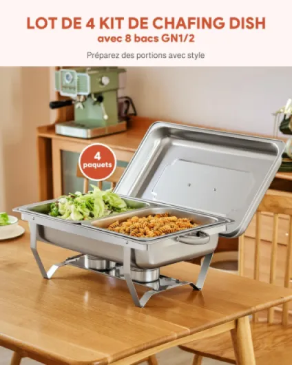 WILPREP Lot de 4 Chafing Dish Buffet 9L, Buffet Chauffant Chauffe Plat en Acier INOX Alimentaire avec Cadre Pliable (8×GN1/2) Lot de 4 - 2×GN1/2