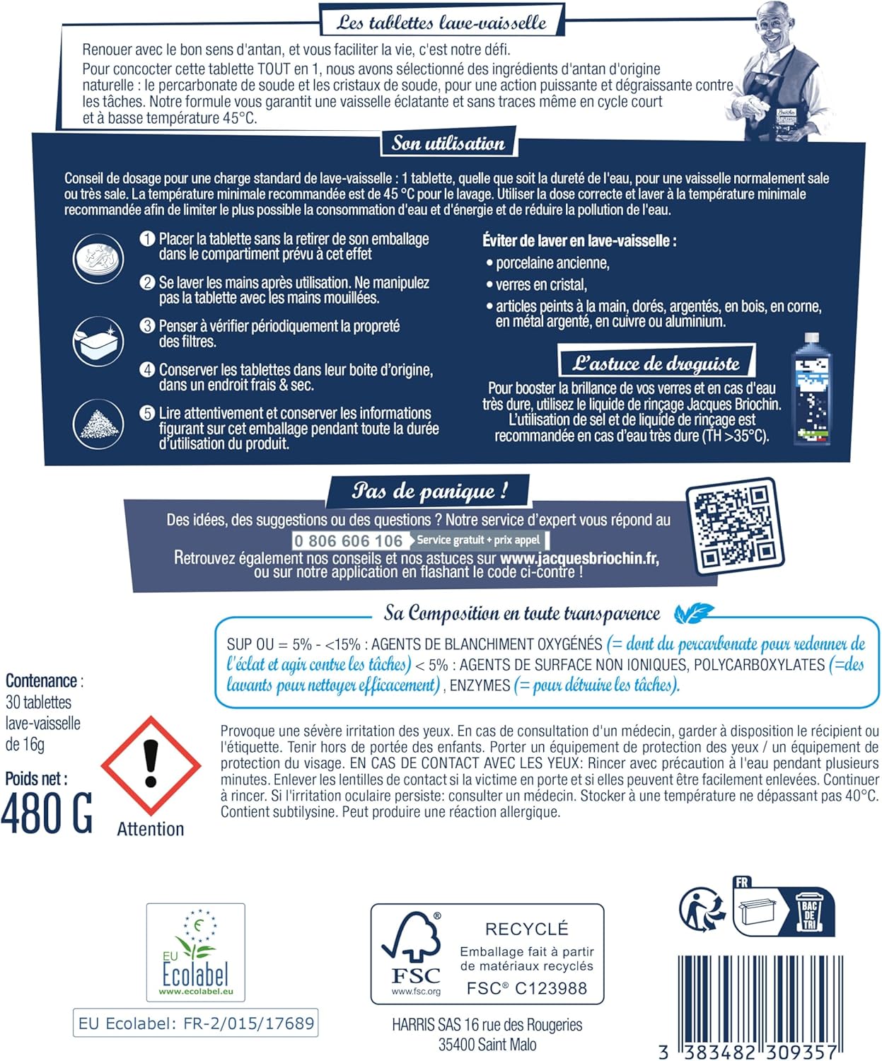 JACQUES BRIOCHIN - 30 tablette lave-vaisselle sans parfum - Action puissante contre les taches - Dégraissante - Brillance et Anti-trace - 90% d'Origine Naturelle - x30 30 unité (Lot de 1)