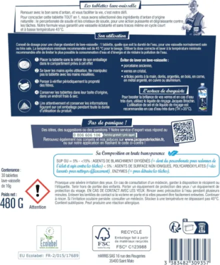 JACQUES BRIOCHIN - 30 tablette lave-vaisselle sans parfum - Action puissante contre les taches - Dégraissante - Brillance et Anti-trace - 90% d'Origine Naturelle - x30 30 unité (Lot de 1)
