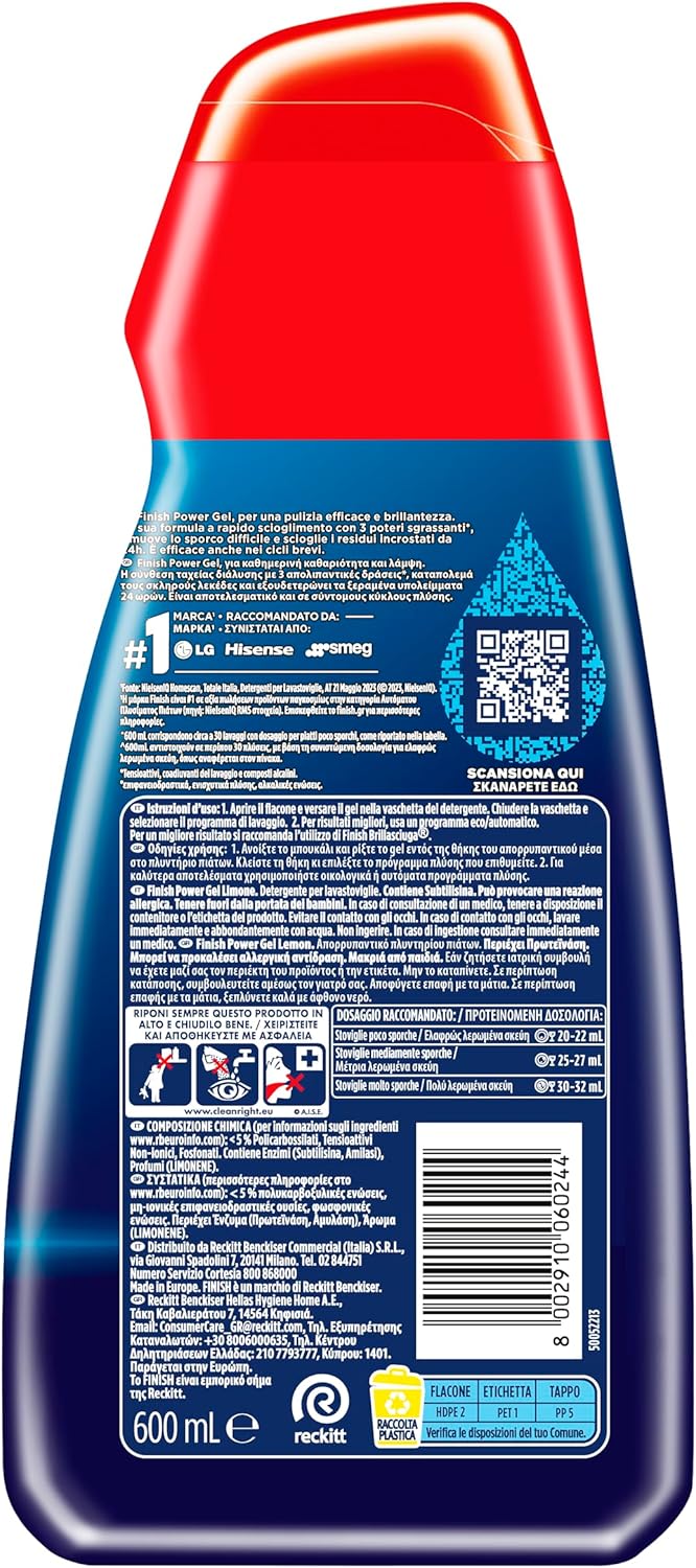 Powergel gel détergent pour lave-vaisselle, liquide, multi-actions, pouvoir dégraissant, citron, 120 lavages, 4 confections de 30 lavages Citron 600 ml (Lot de 4)