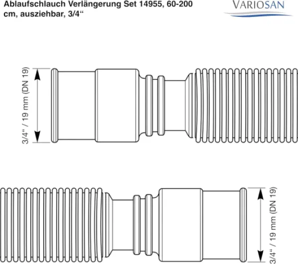 VARIOSAN Kit d'extension de tuyau de vidange 14955 60-200 cm extensible 3/4" avec raccord de tuyau en laiton et colliers de serrage pour machine à laver et lave-vaisselle