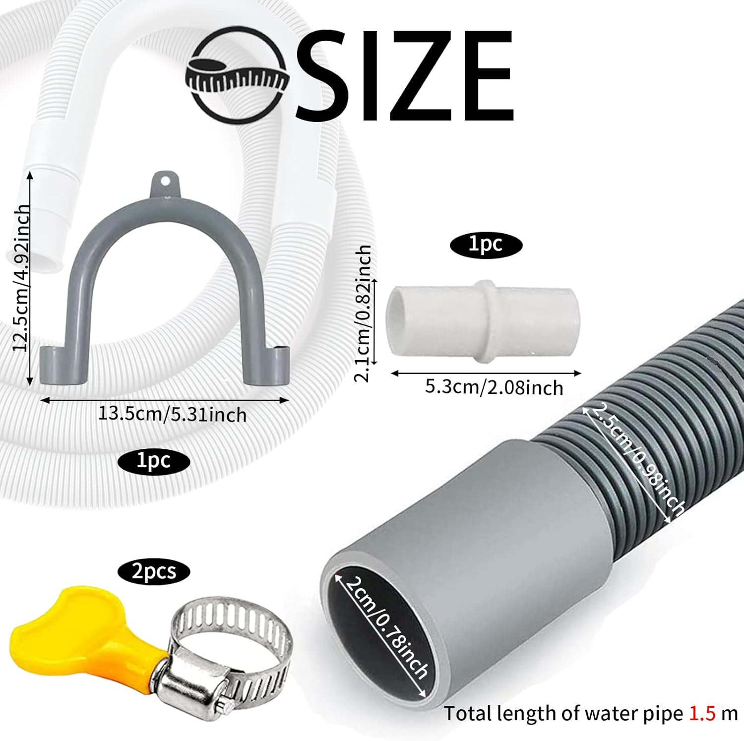 Tuyau Vidange Machine a Laver, 0.5/1/1.5/2/2.5/3/4/5/6/7M Rallonge de Tuyau de Vidange, Tuyau de Vidange Universel, avec Support et Colliers de Serrage, pour Lave-Linge, Lave-Vaisselle 1.5M