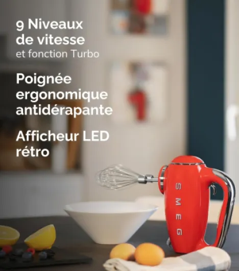 , Batteur Électrique HMF01CREU, 9 Niveaux de Vitesse, Fonction Turbo, Système de Démarrage Progressif, 4 Batteurs, 2 Crochets Pétrisseurs et Range Cable Fournis, 250W, Crème