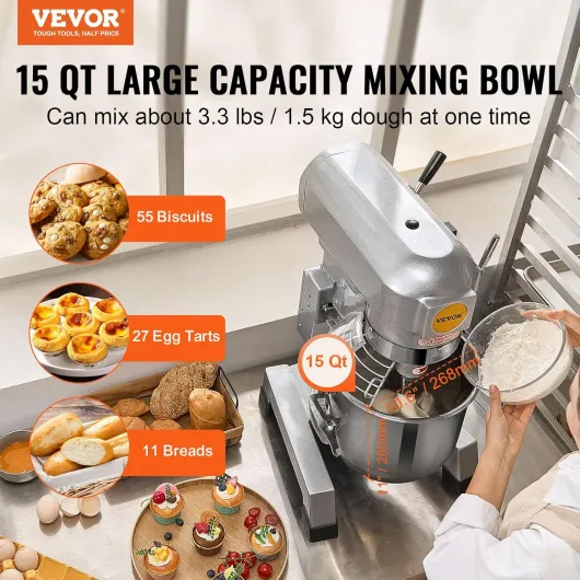Robot Pâtissier Commercial 14 L, Batteur sur Socle avec 3 Vitesses Réglables, Mixeur à Pâte 550 W avec Bol en Inox et 3 Accessoires de Mélange, pour Restaurant, Boulangerie, Pâtisserie, Café B15B