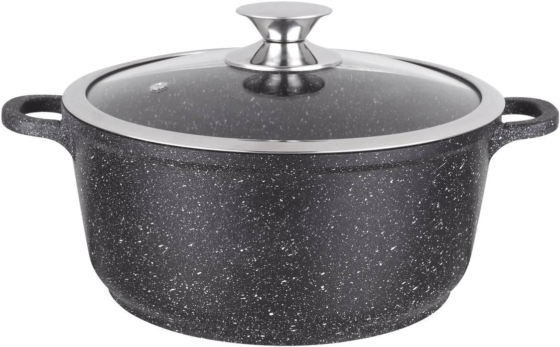 Marmite Faitout 28 cm - Fonte d'Aluminium - Revêtement Type Pierre - Couvercle en Verre - Tous Feux dont Induction - Sans PFOA - 0008033, Noir 5,8 Litres