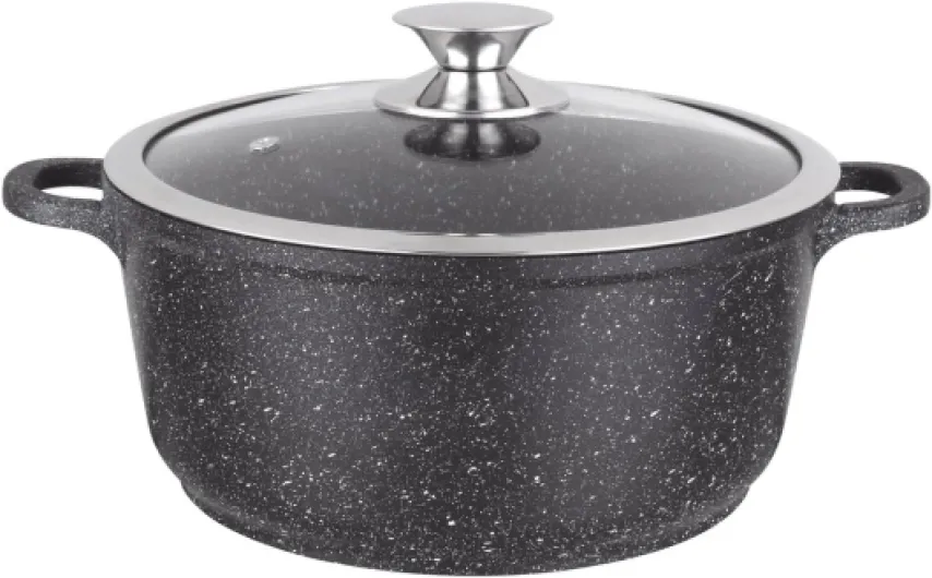 Marmite Faitout 28 cm - Fonte d'Aluminium - Revêtement Type Pierre - Couvercle en Verre - Tous Feux dont Induction - Sans PFOA - 0008033, Noir 5,8 Litres