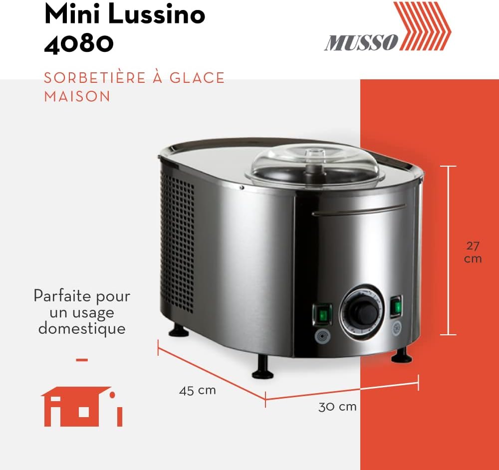 Mini Lussino 4080 Sorbetière - 0,75l de Crème Glacée en 30min - Turbine à Glace Italienne pour la Maison - Glace Végane ou Sans Sucre, Gelato, Sorbet, Granita - Robuste & Facile à Utiliser