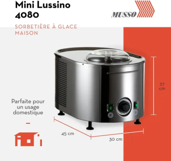 Mini Lussino 4080 Sorbetière - 0,75l de Crème Glacée en 30min - Turbine à Glace Italienne pour la Maison - Glace Végane ou Sans Sucre, Gelato, Sorbet, Granita - Robuste & Facile à Utiliser