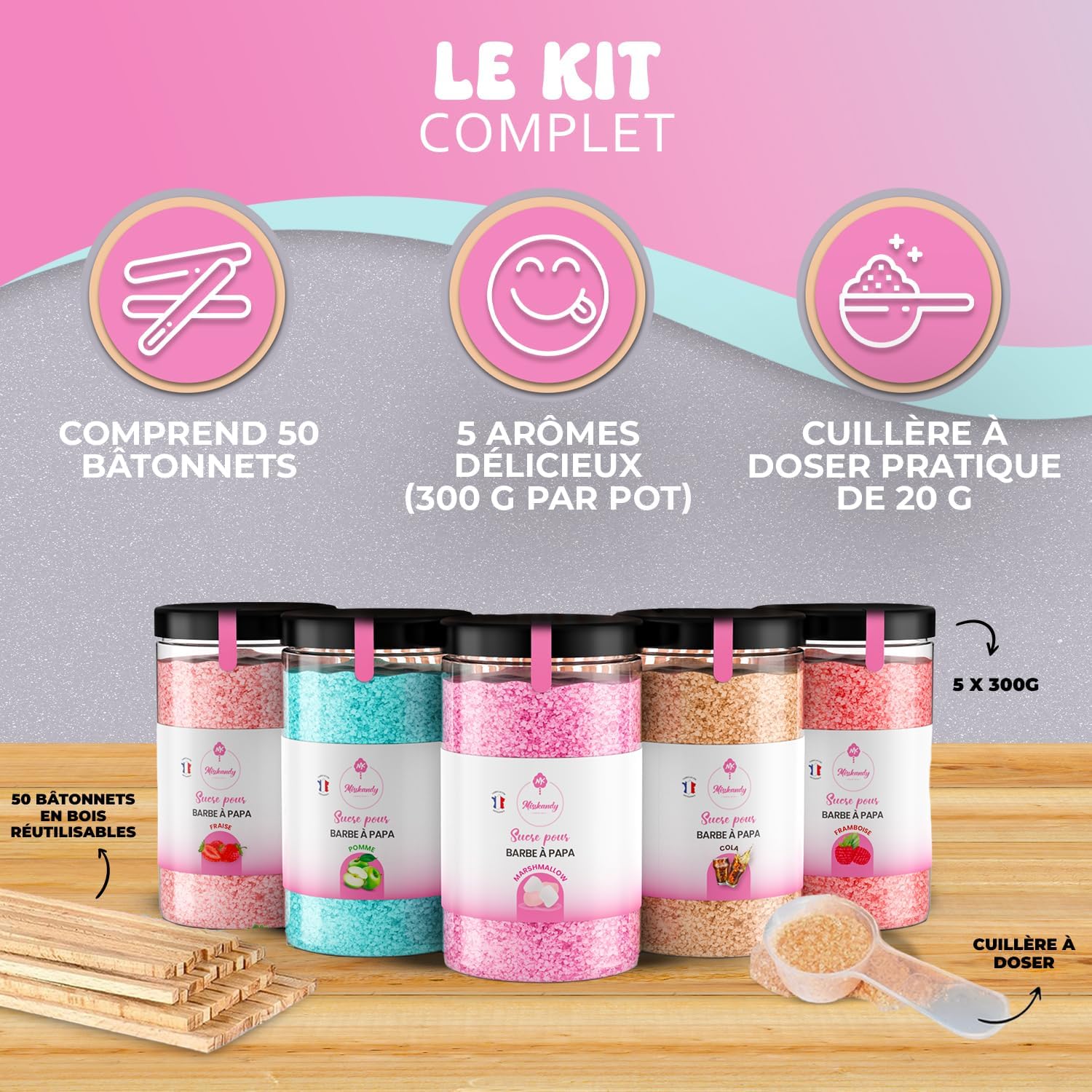 Misskandy® sucre barbe à papa pour machine- Lot de (5 * 300Gr) - (Arômes Naturels): Goûts: Fraise/Pomme/Marshmallow/Cola/Framboise/poudre barbapapa+ 50 bâtonnets (offerts)/ Fabriqué en France 1.5 kg (Lot de 1)