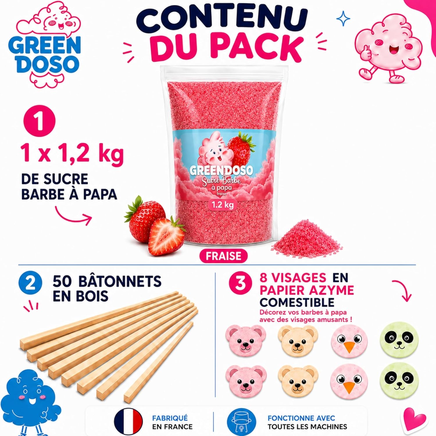 ® Sucre Barbe à Papa pour Machine 1,2 Kg – Saveur Fraise – 50 Bâtonnets