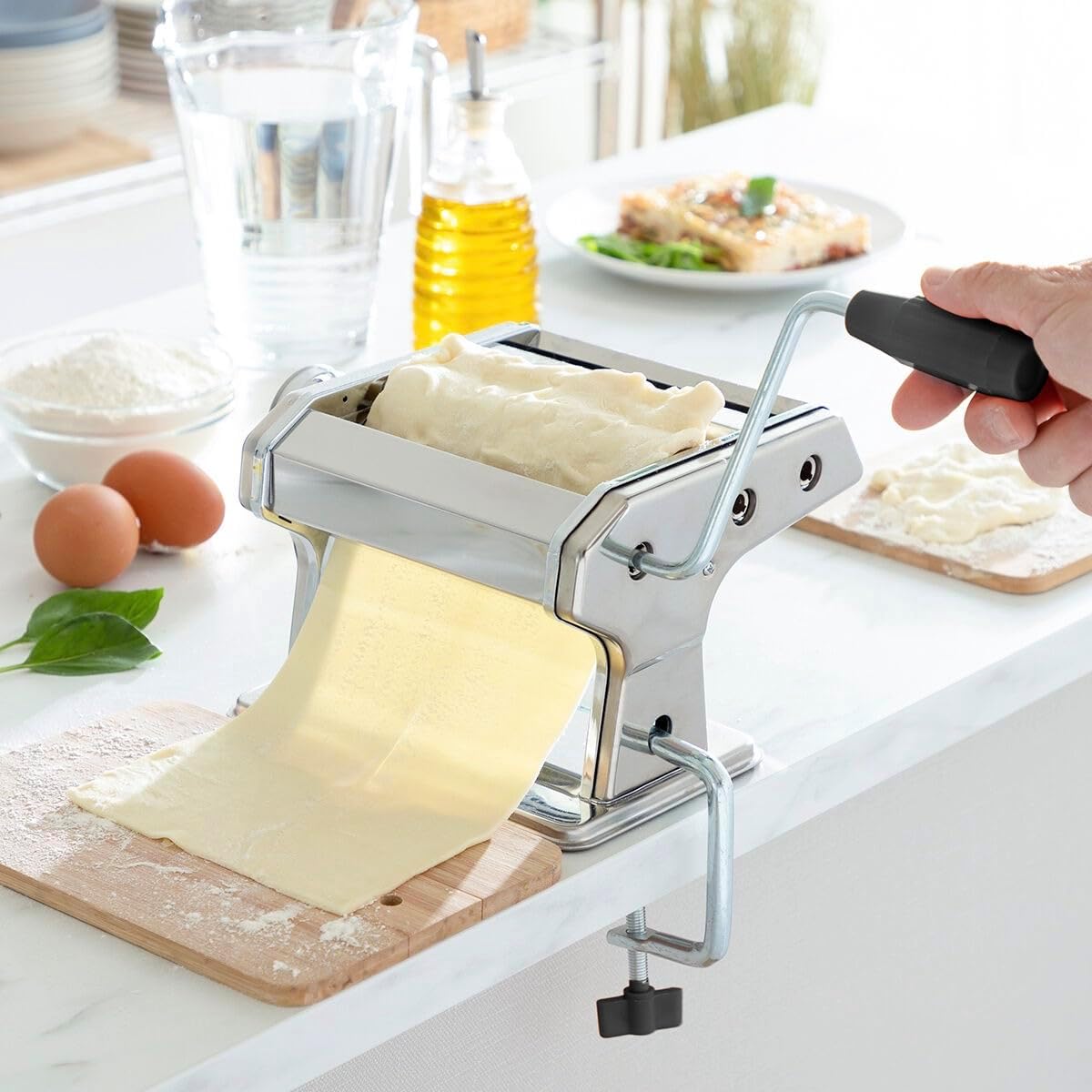 Machine à Pâtes Fraîches Manuelle Inox, Laminoir Maison 3 Rouleaux Spaghettis Tagliatelles Lasagnes, Épaisseur Réglable 8 Niveaux, Manivelle Amovible, Clip Fixation Antidérapant, Cuisine Familiale