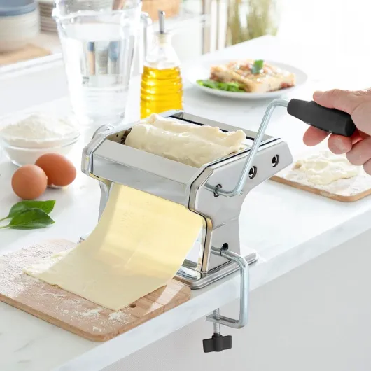 Machine à Pâtes Fraîches Manuelle Inox, Laminoir Maison 3 Rouleaux Spaghettis Tagliatelles Lasagnes, Épaisseur Réglable 8 Niveaux, Manivelle Amovible, Clip Fixation Antidérapant, Cuisine Familiale