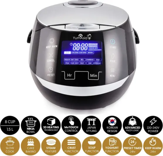 Sakura Cuiseur à riz avec bol en céramique et logique floue avancée, (8 tasses, 1,5 litre), 6 fonctions de cuisson du riz, 6 fonctions multicuiseur, écran LED Motouch, 220-240V Noir et argent