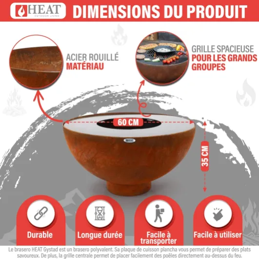 Gystad - Brasero pour Le Jardin - Tonneau à feu et Foyer - Brasero en Acier Robuste - avec Grille pour Plancha pour la Cuisson - Barbecue BBQ - 60 x 60 x 40 cm Grille (60x60x40 cm) Orange Rouille