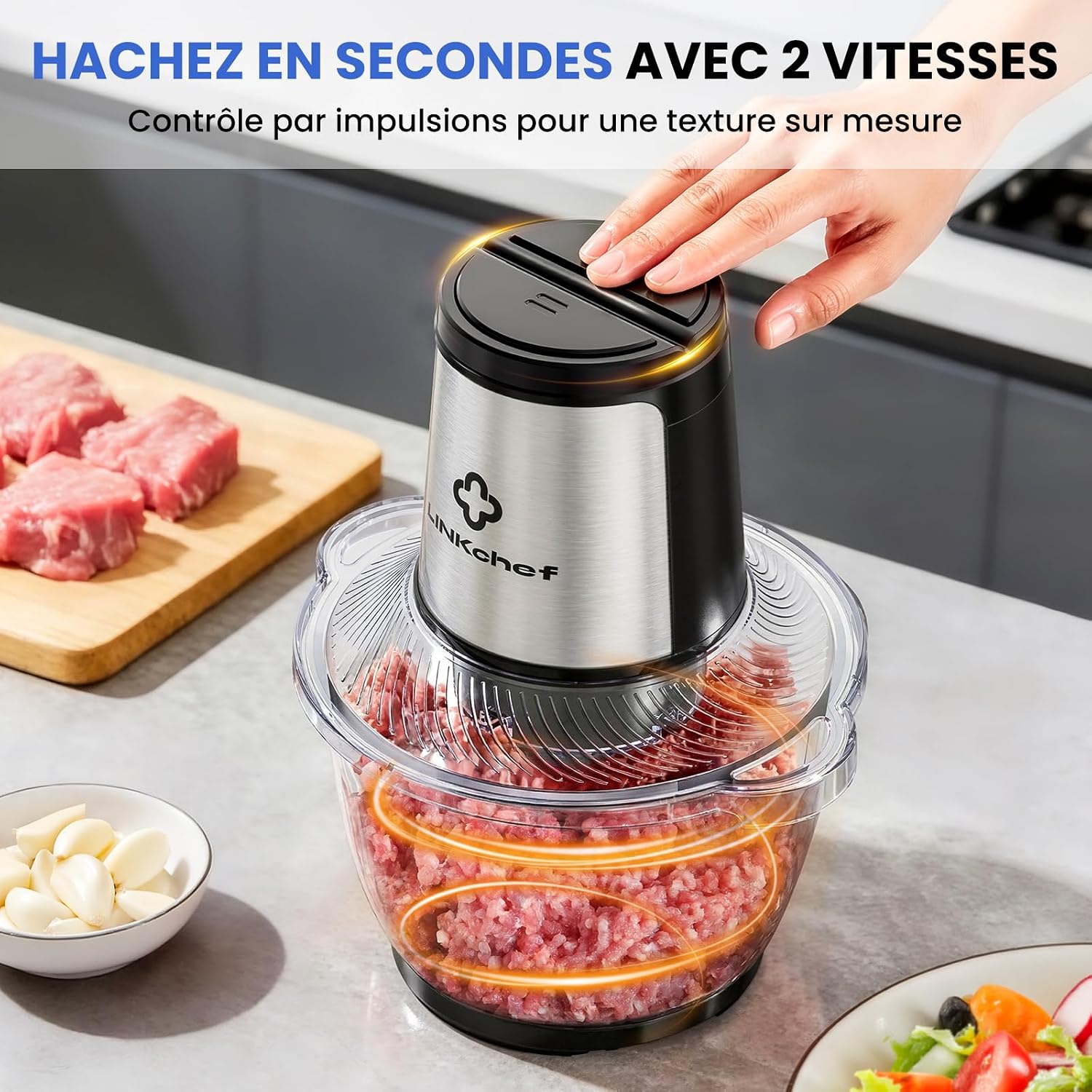 Hachoir Électrique 1,5L Bol en Verre, 2 Vitesses, Lames en Acier Inox à 3 Niveaux – Mini Robot de Cuisine pour Viande, Légumes, Noix & Aliments Bébé Argent et Noir