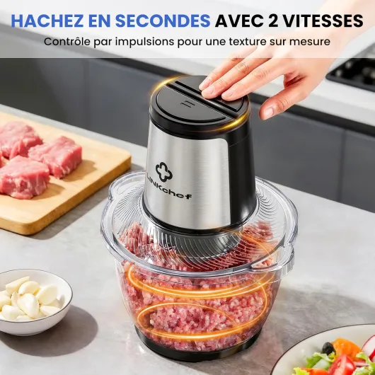 Hachoir Électrique 1,5L Bol en Verre, 2 Vitesses, Lames en Acier Inox à 3 Niveaux – Mini Robot de Cuisine pour Viande, Légumes, Noix & Aliments Bébé Argent et Noir
