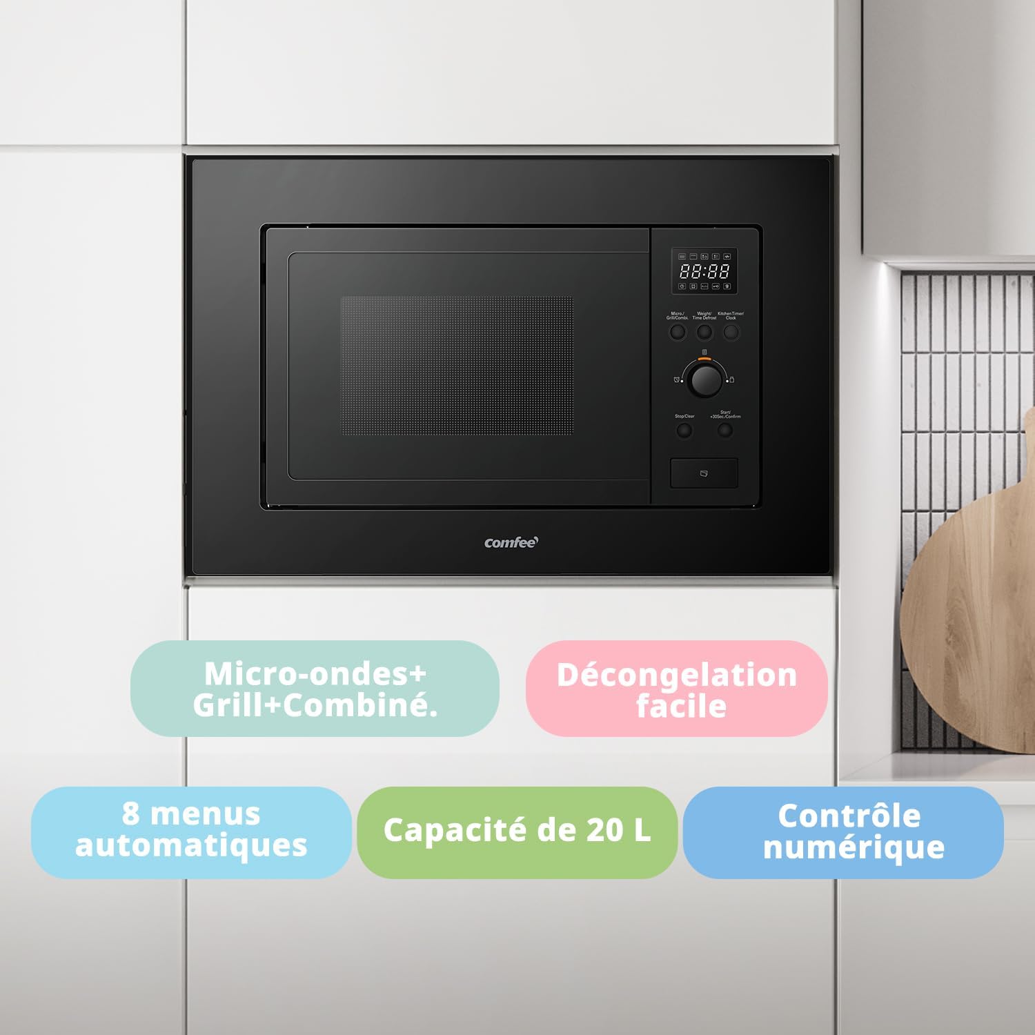 ' CBMAG820BJL-BK Micro-ondes encastrable 20 litres avec gril, commandes numériques, 8 niveaux de puissance, dégel rapide et 8 menus automatiques, noir 20L Microondes Encastrable