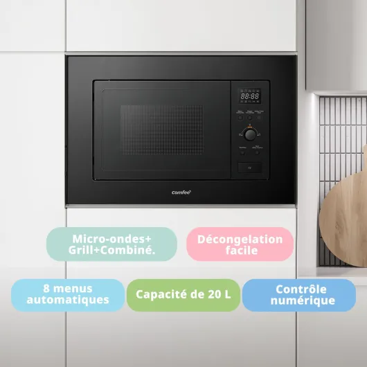 ' CBMAG820BJL-BK Micro-ondes encastrable 20 litres avec gril, commandes numériques, 8 niveaux de puissance, dégel rapide et 8 menus automatiques, noir 20L Microondes Encastrable