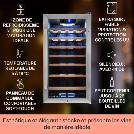 Cave a Vin, Réfrigérateur à Vin avec Porte en Verre, Cave à de Vieillissement, Zone Unique, Prosecco, Bière, Ecran Tactile, Réfrigérateur Bar, Frigo, Protection UV, 5-18°C, 26 Bouteilles 1 Zone - 26 bouteilles Argent