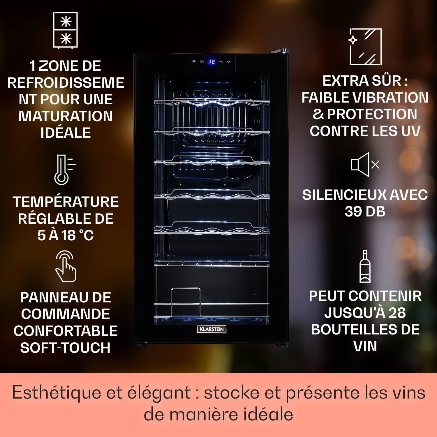 Shiraz Cave à Vin Noir – 28 Bouteilles, 74 L, 1 Zone - Réfrigérateur à Vin Pose Libre, Porte Vitrée, Silencieux, 5–18 °C, LED, Cadre Inox 74 Litres / 28 Bouteilles Noir