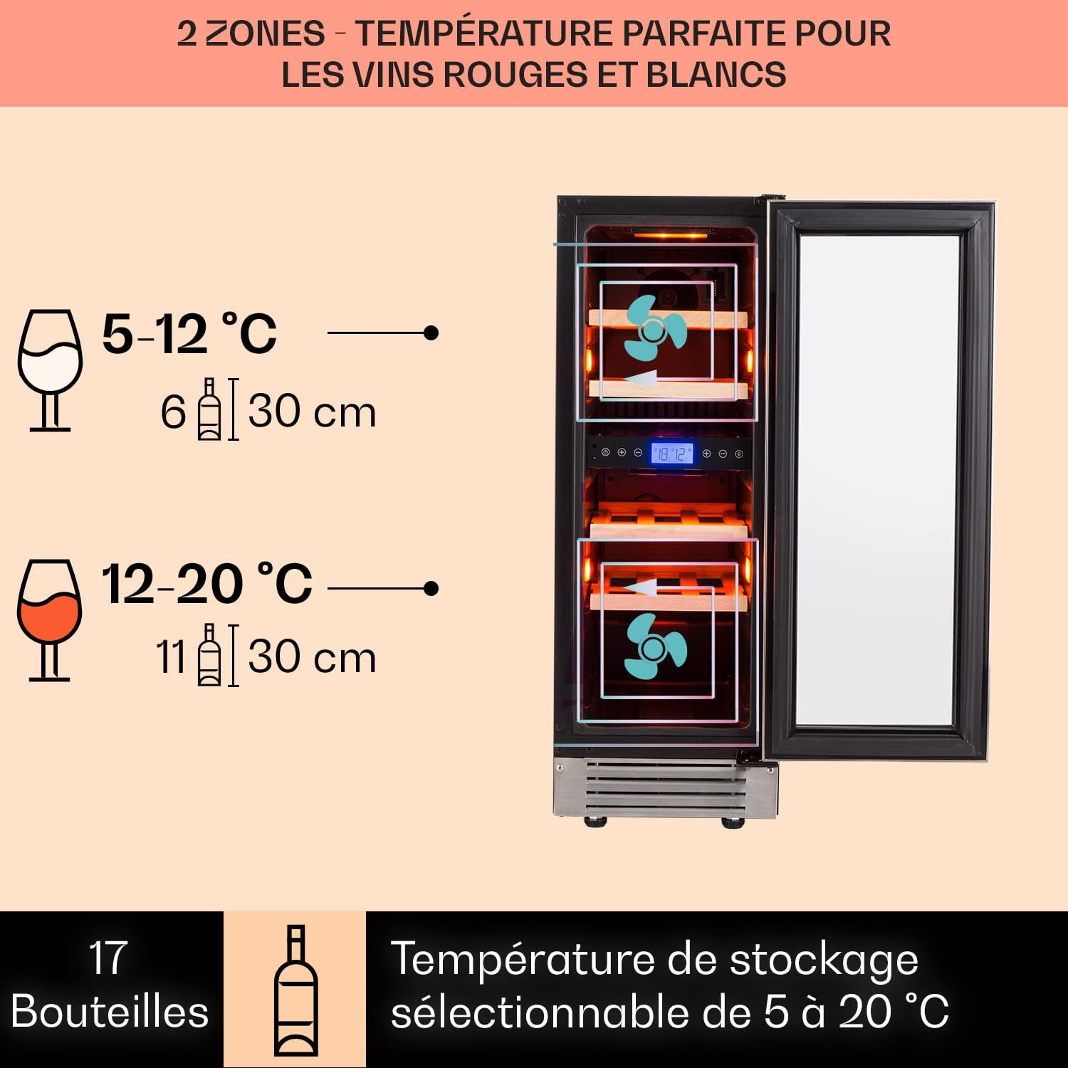 Cave a Vin Encastrable, Caves à Vin de 53L avec une Porte en Verre, Cave a Vins à Double Zone, Bar Intérieur/Extérieur, Frigo a de Vieillissement, à 17 Bouteilles 53 L Argent