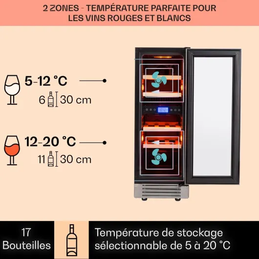 Cave a Vin Encastrable, Caves à Vin de 53L avec une Porte en Verre, Cave a Vins à Double Zone, Bar Intérieur/Extérieur, Frigo a de Vieillissement, à 17 Bouteilles 53 L Argent