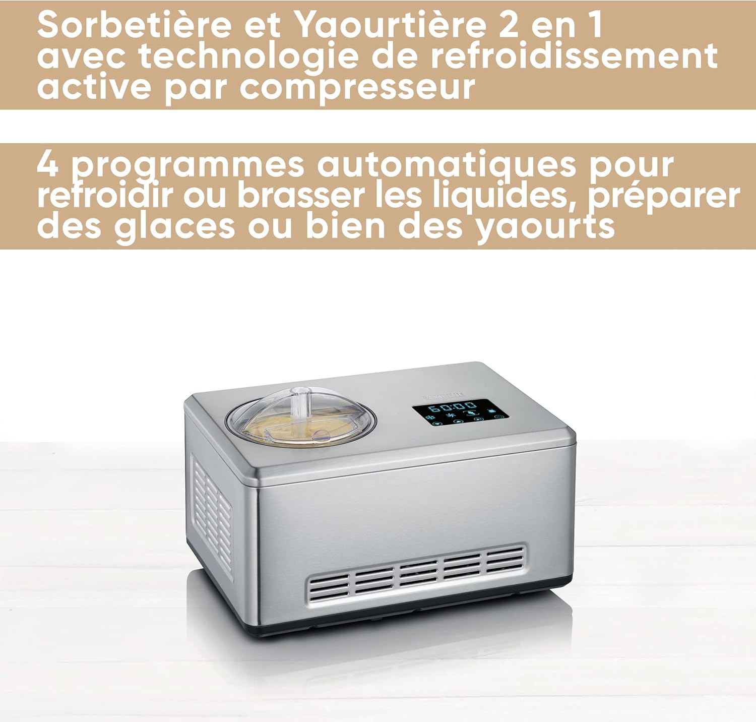 Sorbetière 2-en-1 180 W, Sorbetière électrique et yaourtière avec 2 récipients inclus, Machine à glace avec livre de recettes, inox, EZ 7406, Argent 2 bacs à glace.