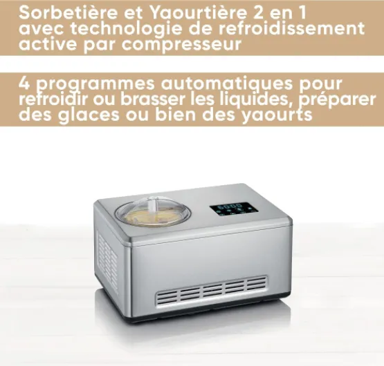 Sorbetière 2-en-1 180 W, Sorbetière électrique et yaourtière avec 2 récipients inclus, Machine à glace avec livre de recettes, inox, EZ 7406, Argent 2 bacs à glace.