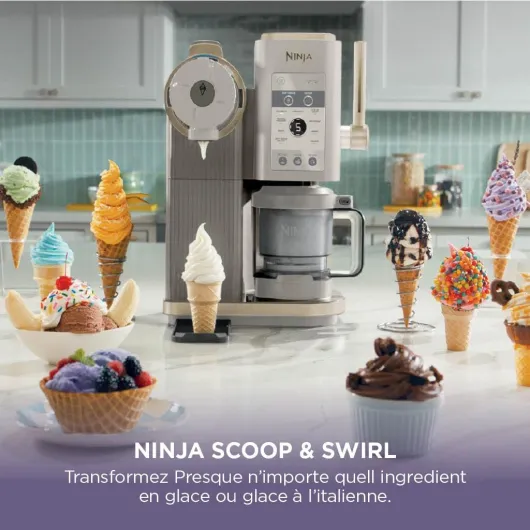 CREAMi Sorbetière Scoop and Swirl avec 2 pots, 13 modes NC701EUSTGD - pour réaliser crèmes glacées, glaces à l’italienne, gelatos, sorbets, milkshakes et plus, option Extra, Stone/Or