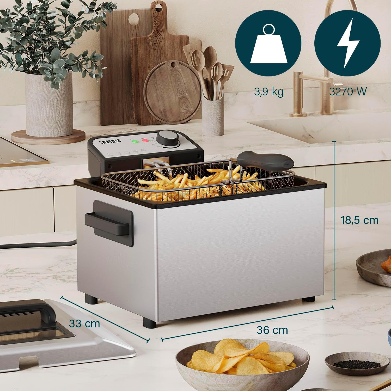 Friteuse, capacité 5 L, 3270 W, technologie de zone froide, hublot, acier inoxydable, double thermostat, facile à nettoyer, éléments amovibles, 01.184090.01.001 Panier unique 5 Litres