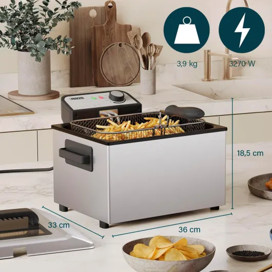 Friteuse, capacité 5 L, 3270 W, technologie de zone froide, hublot, acier inoxydable, double thermostat, facile à nettoyer, éléments amovibles, 01.184090.01.001 Panier unique 5 Litres