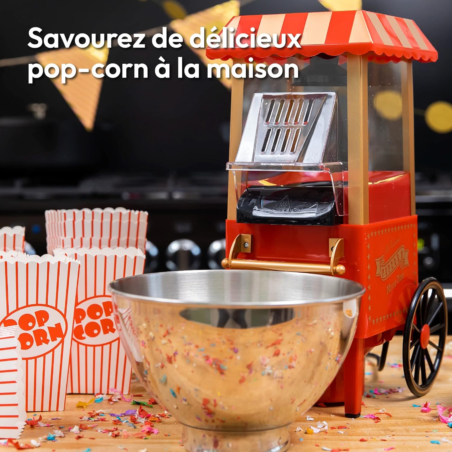 Machine à Popcorn à Air Chaud - Sans Huile - Style Rétro - Prépare du Popcorn frais en quelques minutes - idéal pour les Soirées Cinéma&Fêtes - Snacks sains fête foraine