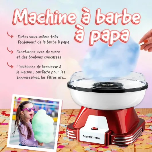 GOURMETmaxx Machine à barbe à papa pour la maison - L'original avec 10 bâtonnets & cuillère doseuse au design rétro nostalgique - Barbe a papa pour les fêtes d'enfants, les anniversaires [Rouge]