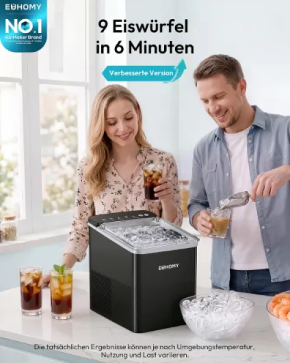 EUHOMY Machine à Glaçons Conception Compacte Réglage à Un Bouton 9 Glaçons en 2 Tailles Nettoyage Automatique Alertes Intelligentes Couvercle Transparent Noir pour Bureau/Cuisine/Chambre 12 kg/24 h