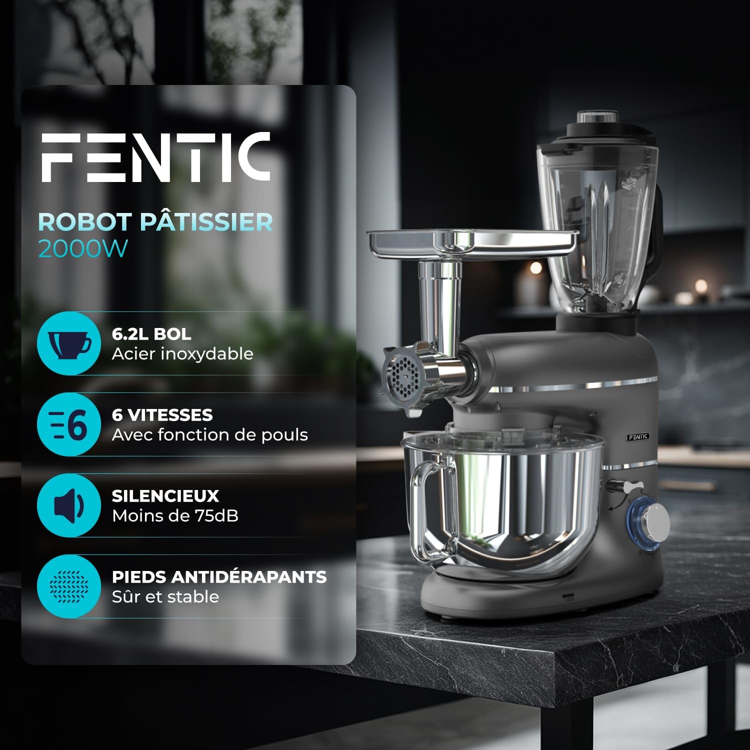 6 en 1 Robot Pâtissier – 2000W - Av - Hachoir à Viande, Mixeur 1,5L, Cutter, Accessoires – Robot Cuisine Multifonctions Av - 6,2L Bol Mélangeur, Fouet, Crochet Pétrisseur, Batteur (Anthracite)