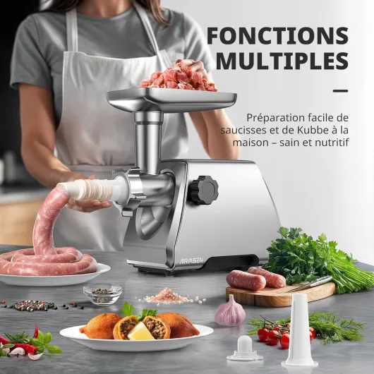 Hachoir à Viande Électrique 3 en 1– Machine à Saucisses en Acier Inoxydable avec 3 Plaques, 2 Lames en Acier Inoxydable et Kit Kubbe – Rapide, Silencieux, Facile à Nettoyer pour Maison Medium
